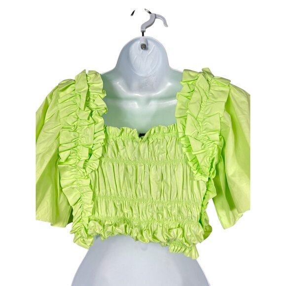 Zara Lime Green Smocked Ruffle Poplin Crop Top With Flutter Sleeves XS - Picture 9 of 13